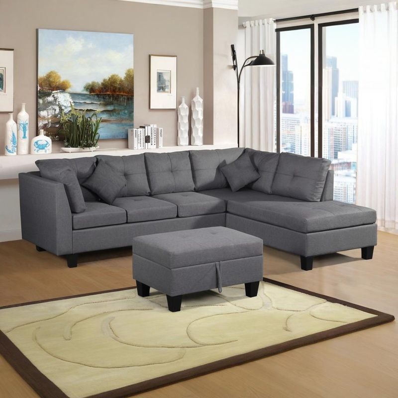 Sectional Sofa Set For Living Room With Right Hand Chaise Lounge And Storage Ottoman – Gray