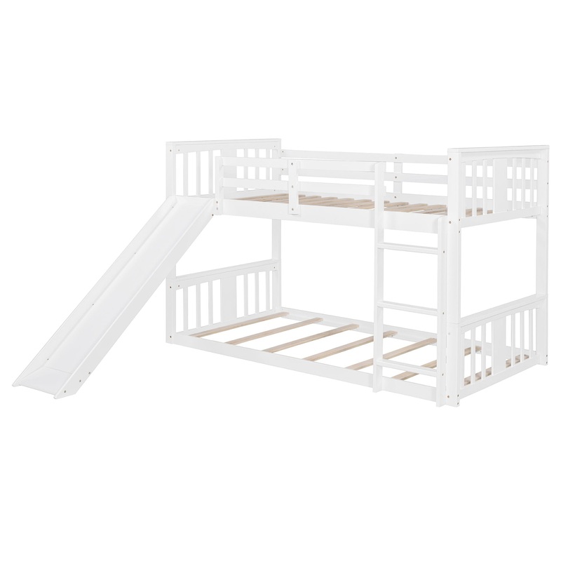 Twin Over Twin Classic Bunk Bed With Slide And Ladder – White