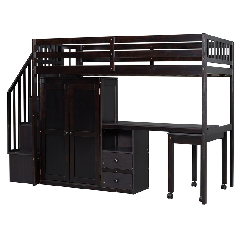 Twin Size Loft Bed With Stairs, Bookshelf, Drawers, Desk & Wardrobe, Space Saving Multifunctional Furniture – Espresso
