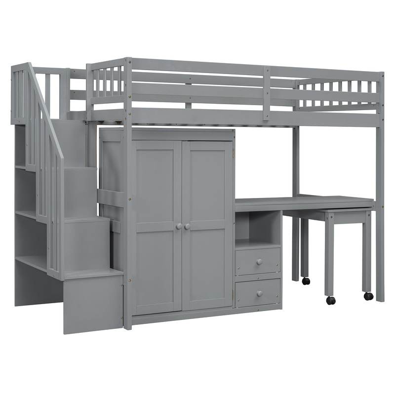 Twin Size Loft Bed With Stairs, Bookshelf, Drawers, Desk & Wardrobe, Space Saving Multifunctional Furniture – Gray