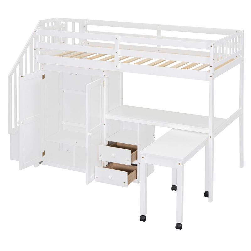 Twin Size Loft Bed With Stairs, Bookshelf, Drawers, Desk & Wardrobe, Space Saving Multifunctional Furniture – White