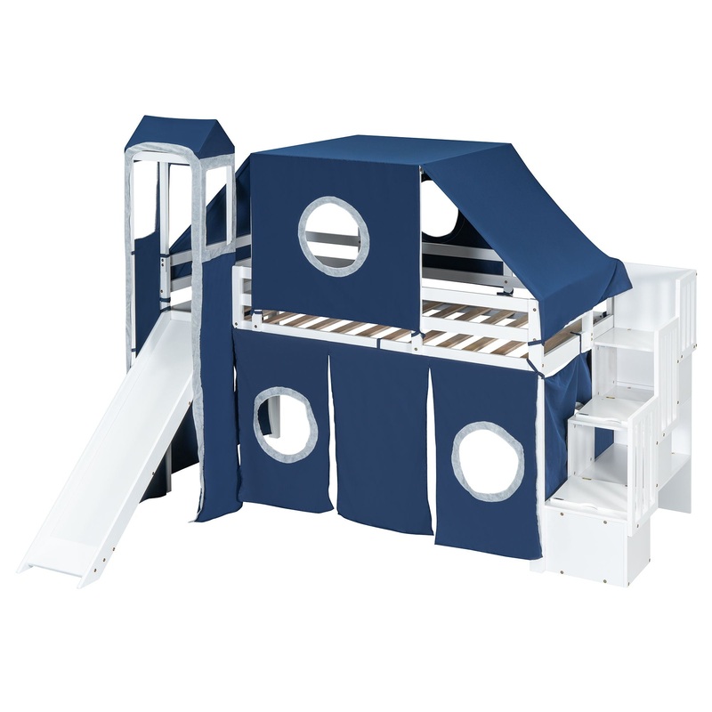 Twin Size Loft Bed With Tent And Tower – Blue
