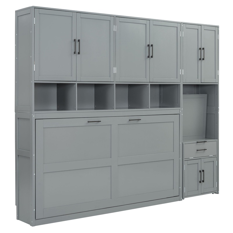 Twin Size Murphy Wall Bed With Closet, Drawers & Desk – Gray