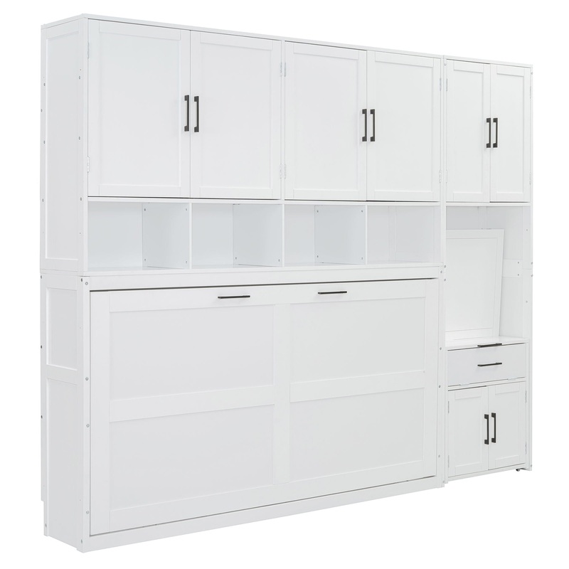 Twin Size Murphy Wall Bed With Closet, Drawers & Desk – White