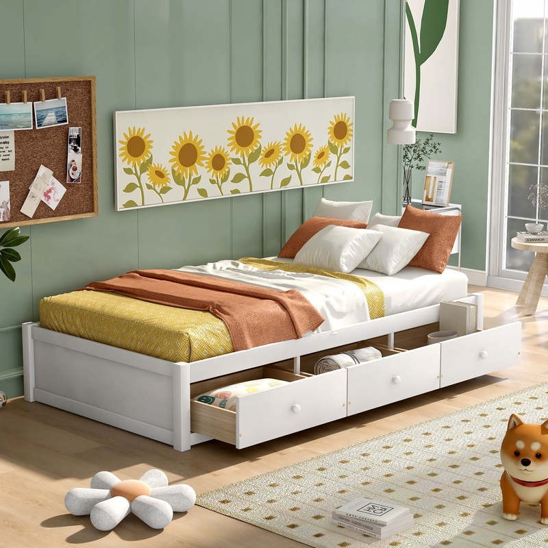 Twin Size Platform Storage Bed With 3 Drawers – White