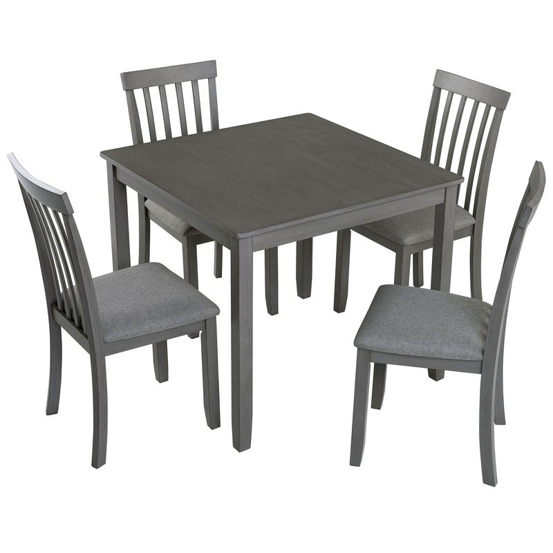 5 Piece Modern Dining Set, Square Wooden Dining Table With 4 Upholstered Chairs For Kitchen, Dining Room – Gray