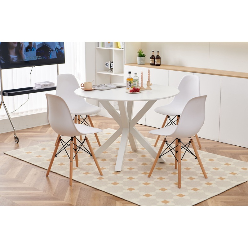5 Pieces Dining Set, Table Cross Leg Mid-Century Dining Table For 4 – 6 People With Round MDF Table Top, Pedestal Dining Table, End Table Leisure Coffee Table – White