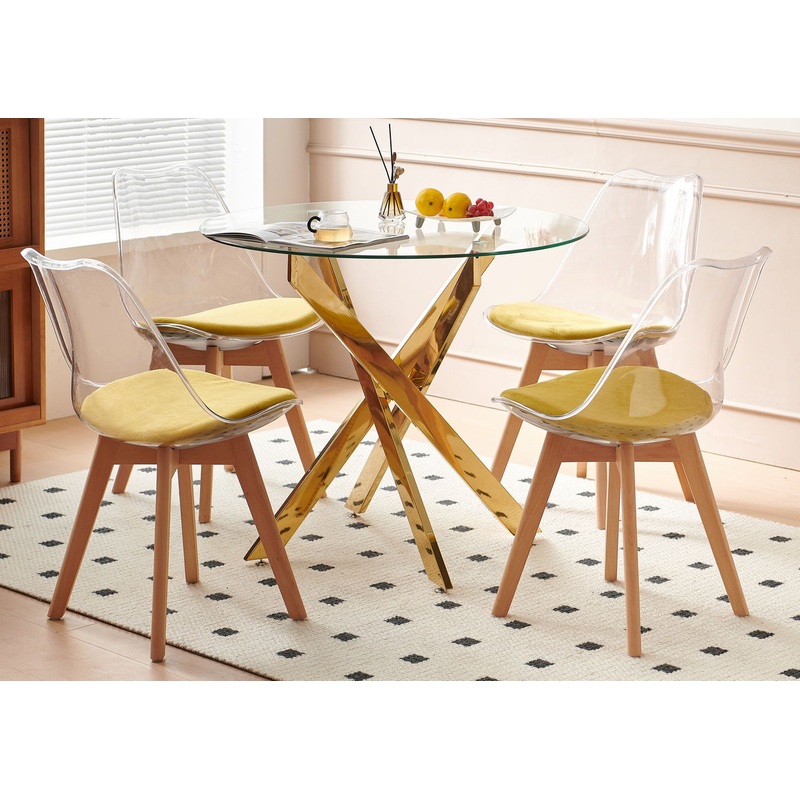 5 Pieces Dining Set, Table Metal Leg Dining Table For 4 – 6 People With Glass Table Top, Pedestal Dining Table, End Table Leisure Coffee Table – Golden