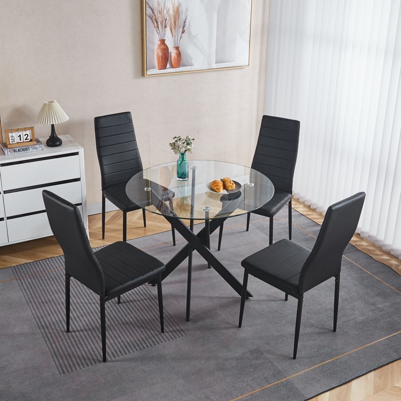 5 Pieces Dining Set, Table Metal Leg Mid-Century Dining Table For 4 – 6 People With Glass Table Top, Pedestal Dining Table