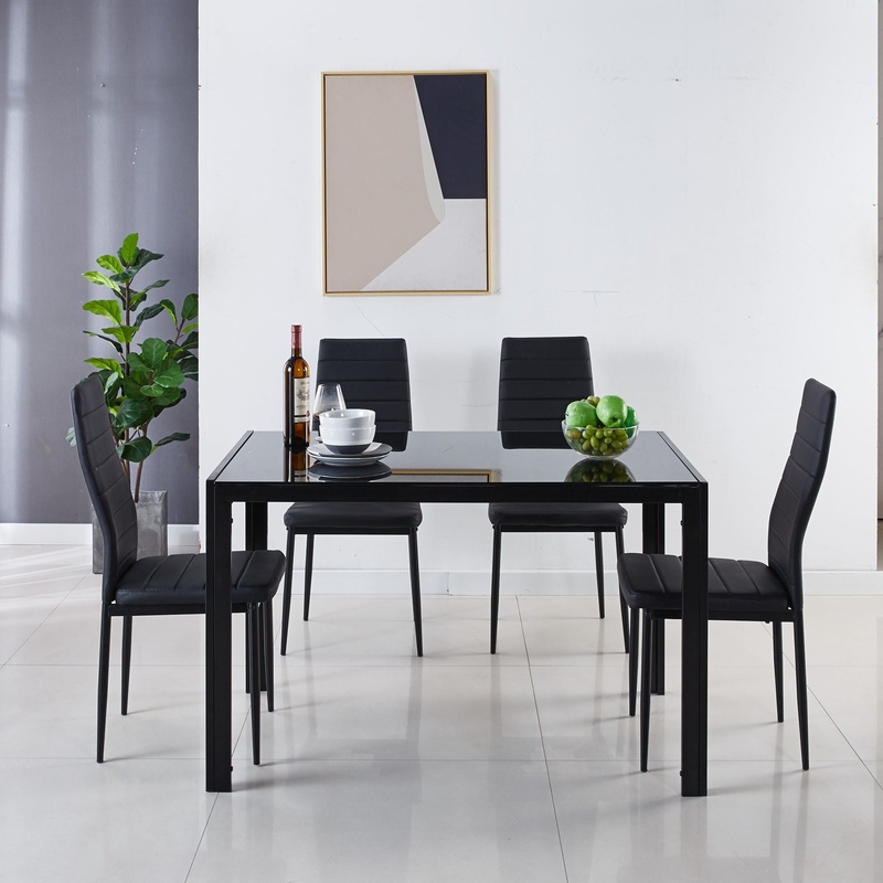 5 Pieces Dining Set, Table Metal Leg Mid-Century Dining Table For 4 – 6 People With Glass Table Top, Pedestal Dining Table, End Table Leisure Coffee Table – Beige / Black