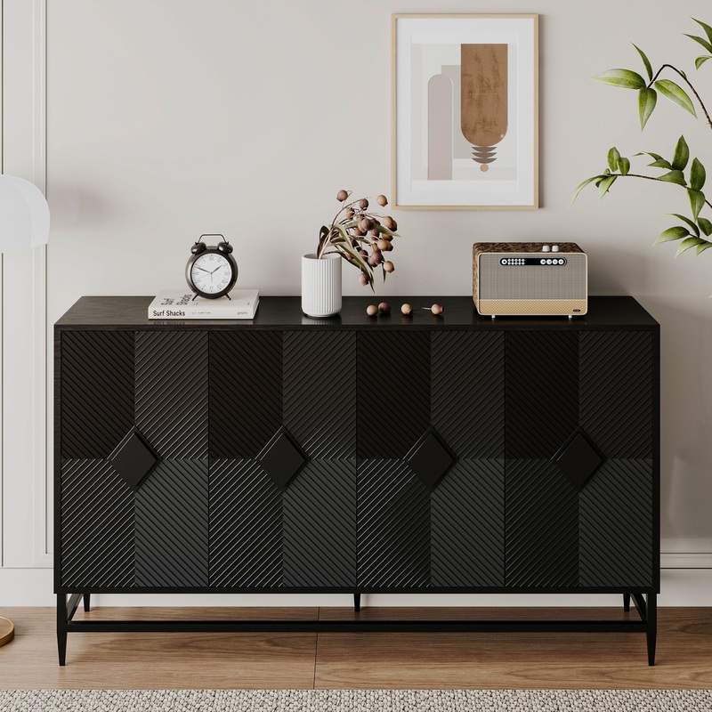 Accent Lacquered 4 Door Wooden Cabinet Sideboard Buffet Server Cabinet Storage Cabinet, For Living Room, Entryway, Hallway, Office, Kitchen And Dining Room – Matte Black