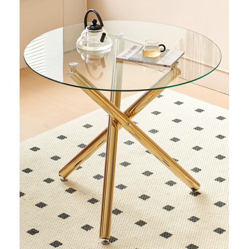 Dining Table With Metal Leg And Glass, Modern Space Saving Kitchen Table For Living Room – Golden