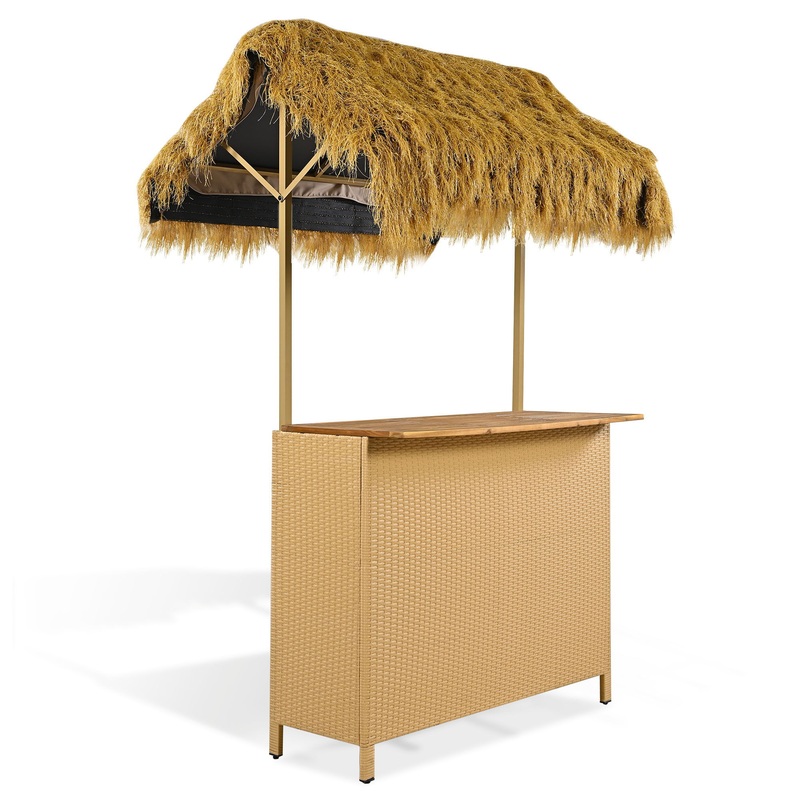 Hawaiian-Style Bar Height Patio Set With PE Grass Canopy, Outdoor Bar Table And Stools With Adjustable Feet, Acacia Wood Top, For Dining And Drinking – Natural