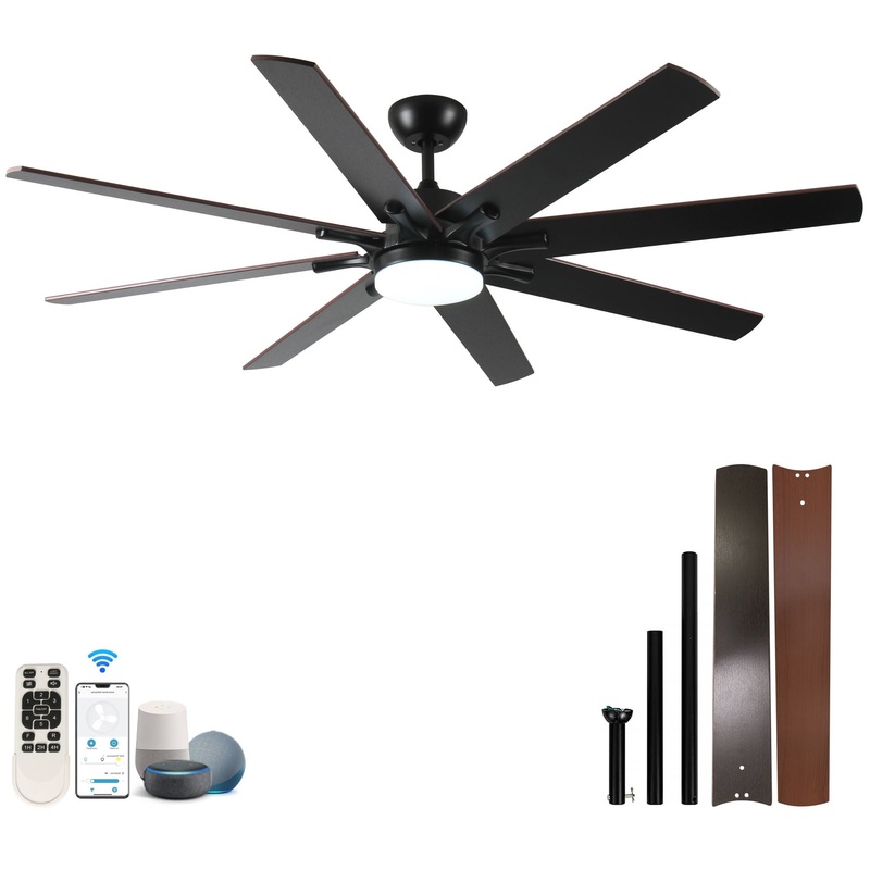 Large Ceiling Fans With Lights And Remote, Indoor / Outdoor Modern Ceiling Fan For Kitchen Living Room Patio, 6 Speed Reversible Quiet DC Motor, Dual Finish 8 Blades – Black