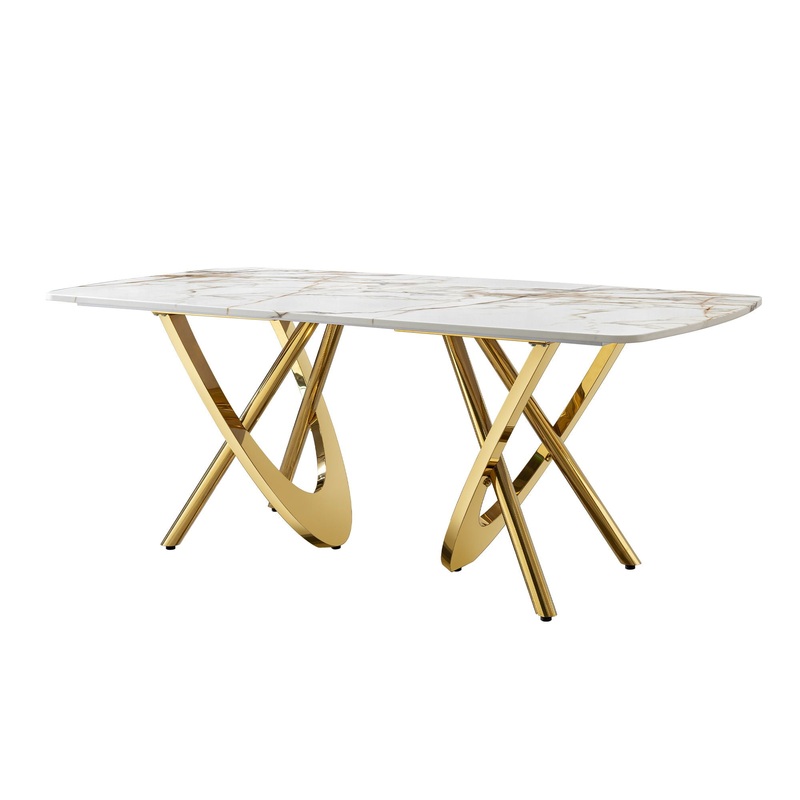 Marble Pattern Dining Table With Stainless Steel Base, Rectangular, Seats 6 Or 8 – Gold