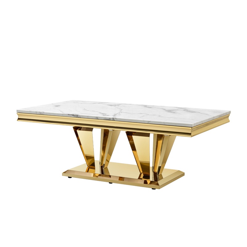Modern Rectangular Coffee Table With Marble Pattern Top, Stainless Steel Base – Gold
