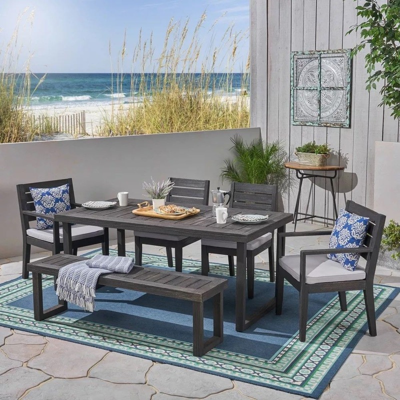 Outdoor 6 Seater Dining Set With Bench – Dark Gray / Light Gray