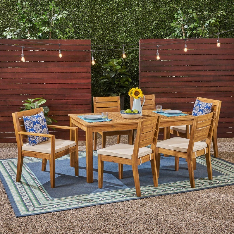 Outdoor 6 Seater Expandable Dining Set With Cushions – Sandblasted Natural / Beige