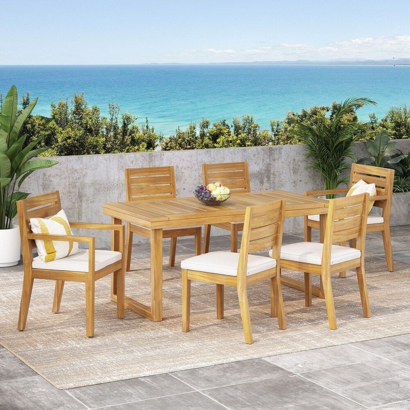 Outdoor 7 Piece Dining Set With Cushions – Sandblasted Natural / Beige