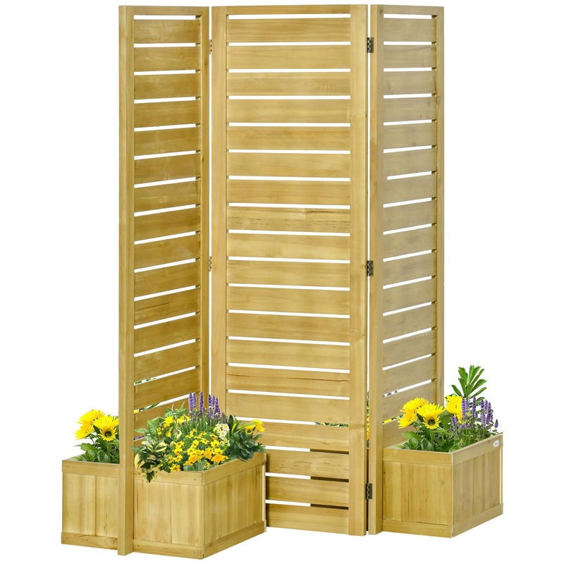 Outsunny – Freestanding Outdoor Privacy Screen, 4 Self-Draining Planters / Raised Garden Beds, 3 Hinged Panels For Hot Tub, Patio, Backyard, Deck – Natural