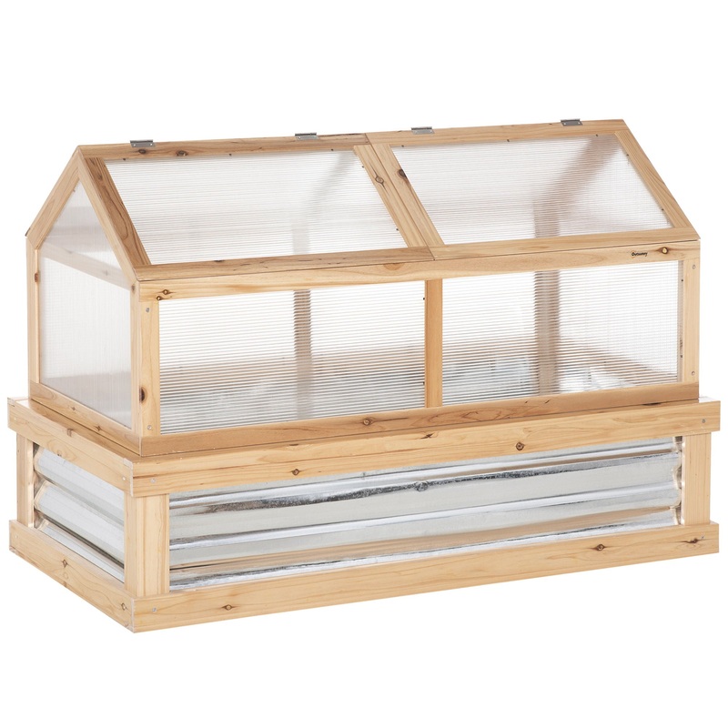 Outsunny – Raised Garden Bed With Polycarbonate Greenhouse, Wooden Garden Cold Frame Greenhouse, Flower Planter Protection, 48 x 24 x 32 – Natural
