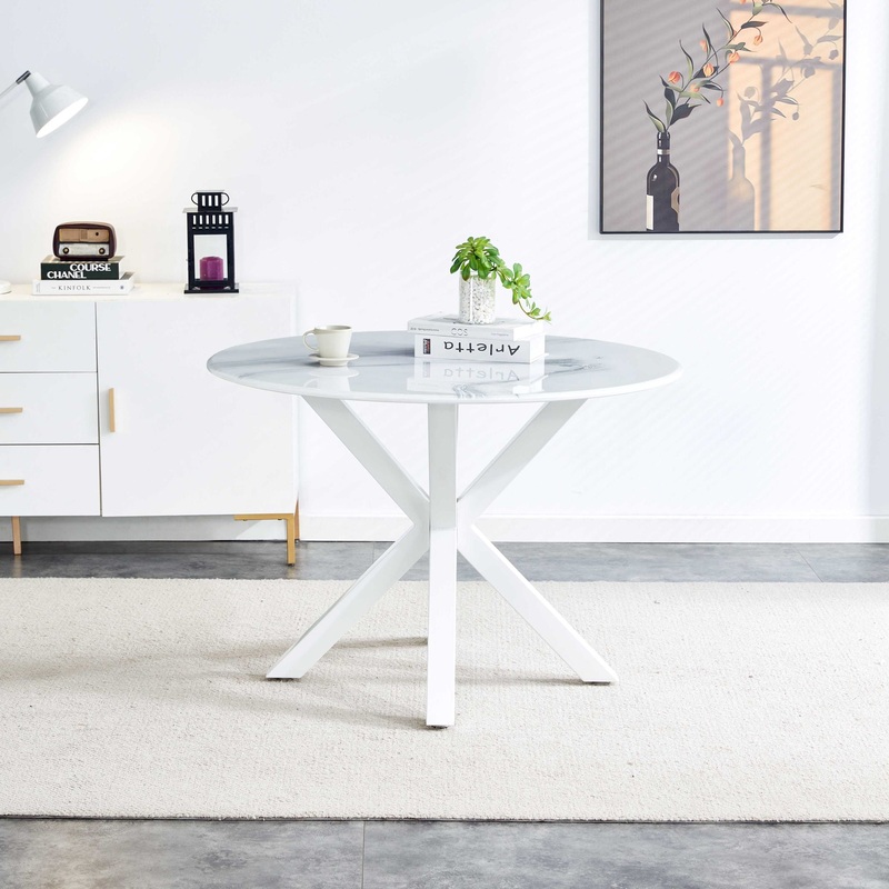 Table Cross Leg Mid-Century Dining Table For 4 – 6 People With Round MDF Table Top, Pedestal Dining Table, End Table Leisure Coffee Table – White