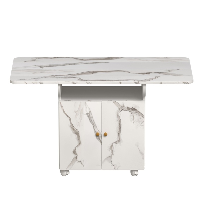 Versatile Marble Folding Dining Table With Storage Rack And Cabinet, 6 Wheels – White