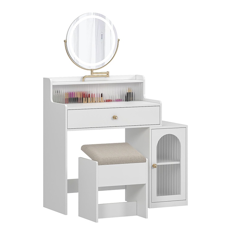 White Vanity Desk With 360 Rotated Mirror And Adjustable Lights, Girls Makeup Vanity Table With Storage Chair And Side Cabinet – Antique White