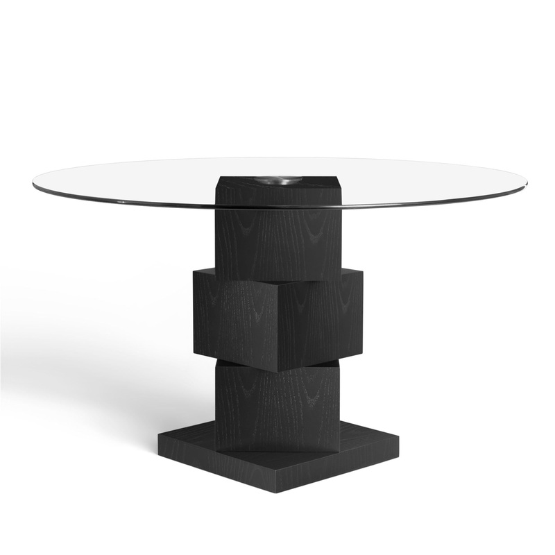 Wood Pedestal Round Dining Table Tempered Glass Top – Black