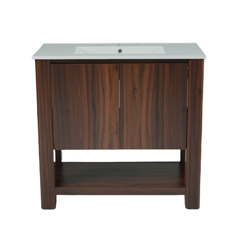 36 Modern Bathroom Vanity With Rectangle Ceramic Sink, Bathroom Cabinet And 45 Degrees Free Handle Design Soft Closing Doors, 1 Open Shelf At The Bottom – Dark Brown
