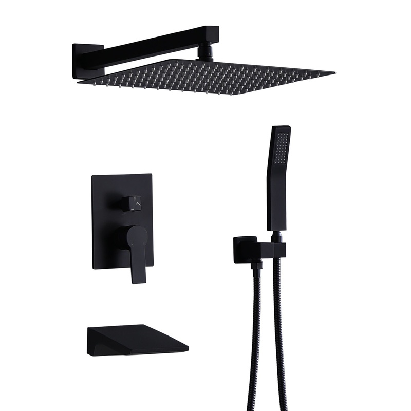 All Metal Tub Shower Faucet Set With 12 Rain Shower Head And Handheld Spray Combo, Wall Mounted – Matte Black