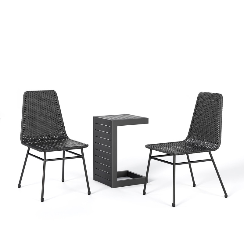Aluminum And Rattan Chat Set, Outdoor Patio Set Includes Rattan Dining Chair Set Of 2 And C Shaped Side Table – Dark Brown