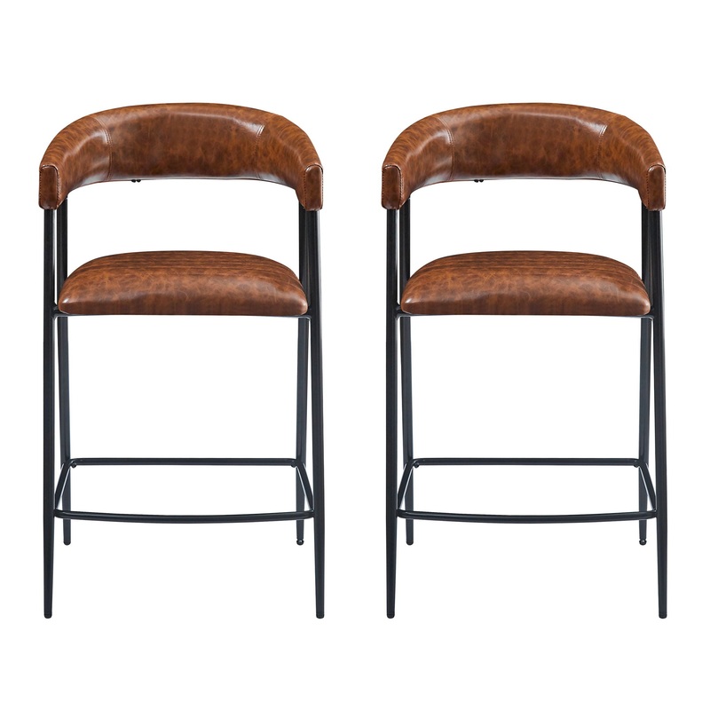 Counter Stools (Set of 2), Upholstered Counter Stools With Iron Frame, Backrest, Footrest, Arm Counter Stools For Home Bar, Kitchen Counter – Brown