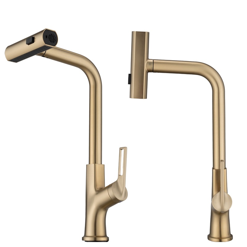 Kitchen Waterfall Faucet With Pull Down Sprayer, Single Handle, 360 Degree Rotating Zinc Alloy – Brushed Gold