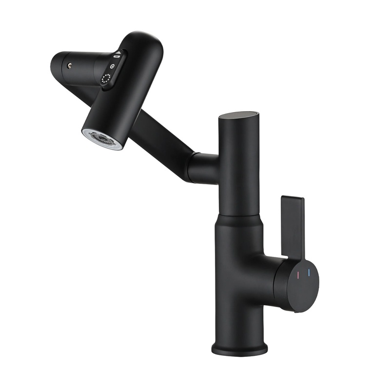 Modern Brass Bathroom Sink Faucet With Spray Function, Temperature Display & 360 Degree Rotary – Matte Black