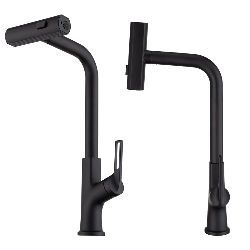 Modern Kitchen Waterfall Faucet With Pull Down Sprayer, Single Handle, 360 Degree Rotating – Matte Black