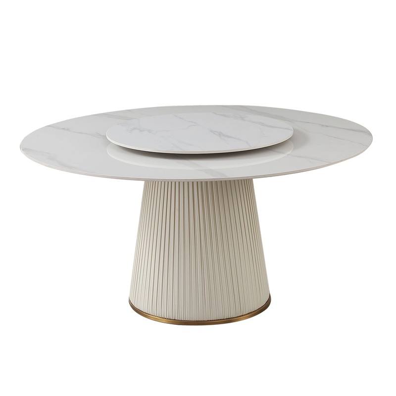 Modern Sintered Stone Dining Table With Turntable And Wood Metal Pedestal With 4 Chairs – Beige / White