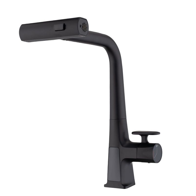 Modern Waterfall Kitchen Faucet With Temperature Display And Pull Down Sprayer, Zinc Construction – Matte Black