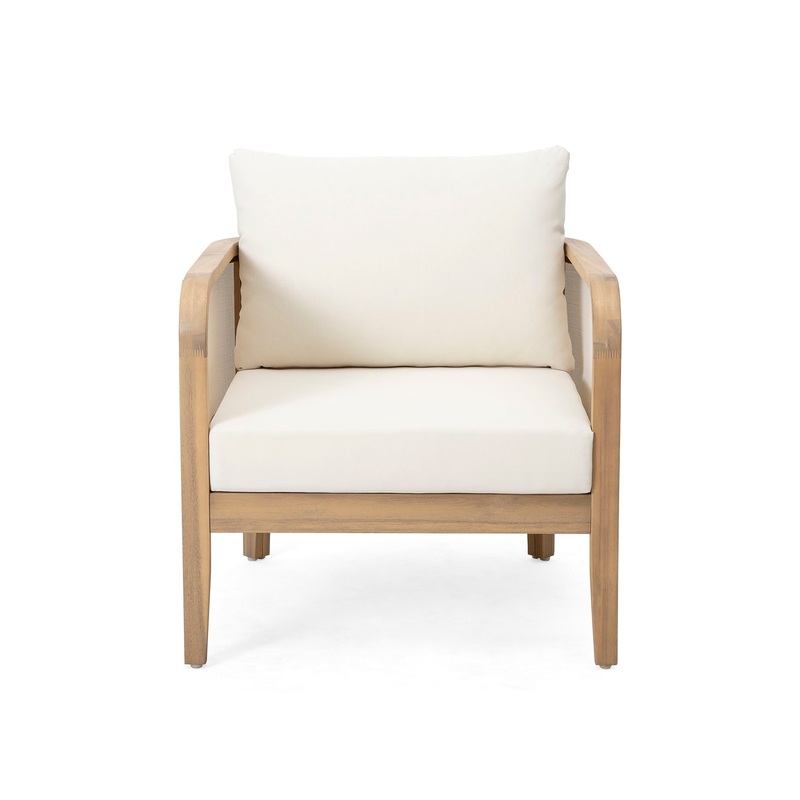 Outdoor Acacia Wood Patio Club Chair, Textilene Patio Furniture, Waterproof Thick Cushion Deep Seating For Porch, Garden, Backyard, Balcony, Weight Capacity 400Lbs, Light Teak – Beige