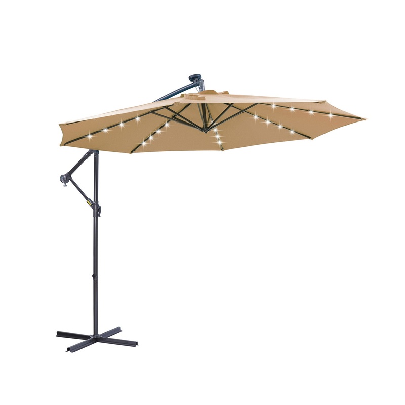 Outdoor Cantilever Patio Umbrella With 32 LED Lights 10 Ft Hanging Design Easy Open Adjustment Metal Frame – Taupe