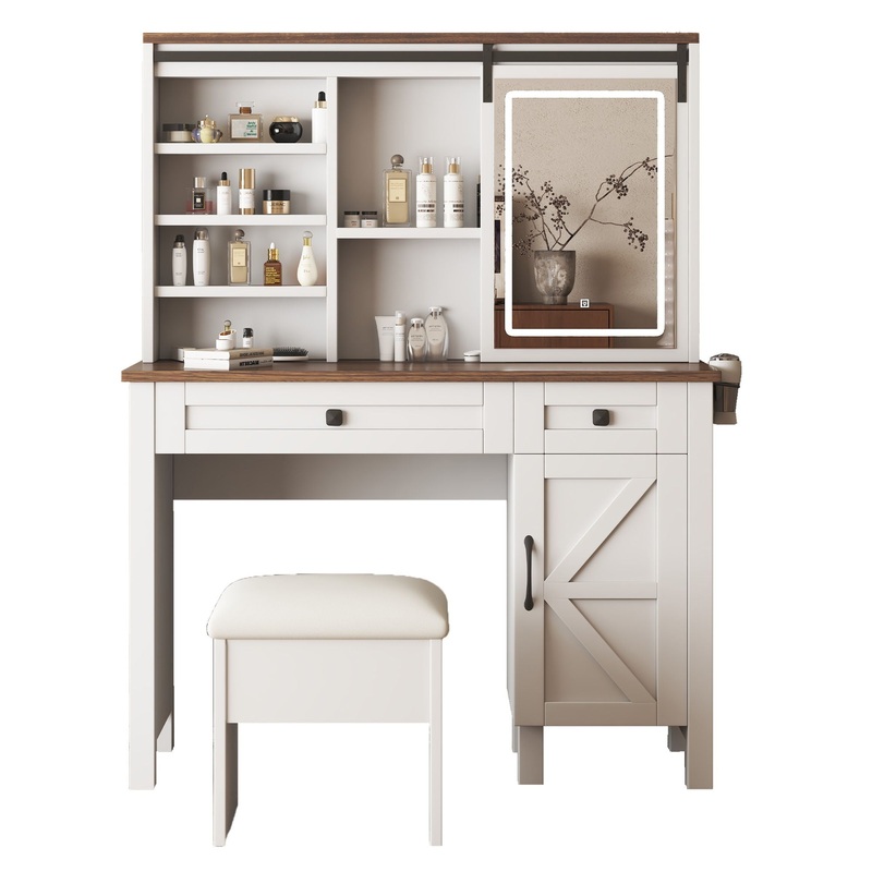 Rustic Farmhouse Makeup Vanity Desk With Sliding Mirror, LED Lights, And Charging Socket – White