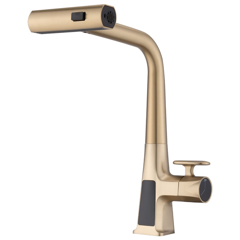 Waterfall Kitchen Faucet With Temperature Display And Pull Down Sprayer – Brushed Gold