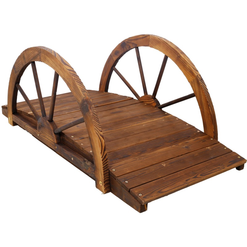 Wooden Garden Bridge Arc Footbridge With Half Wheel Railings Solid Fi – Brown