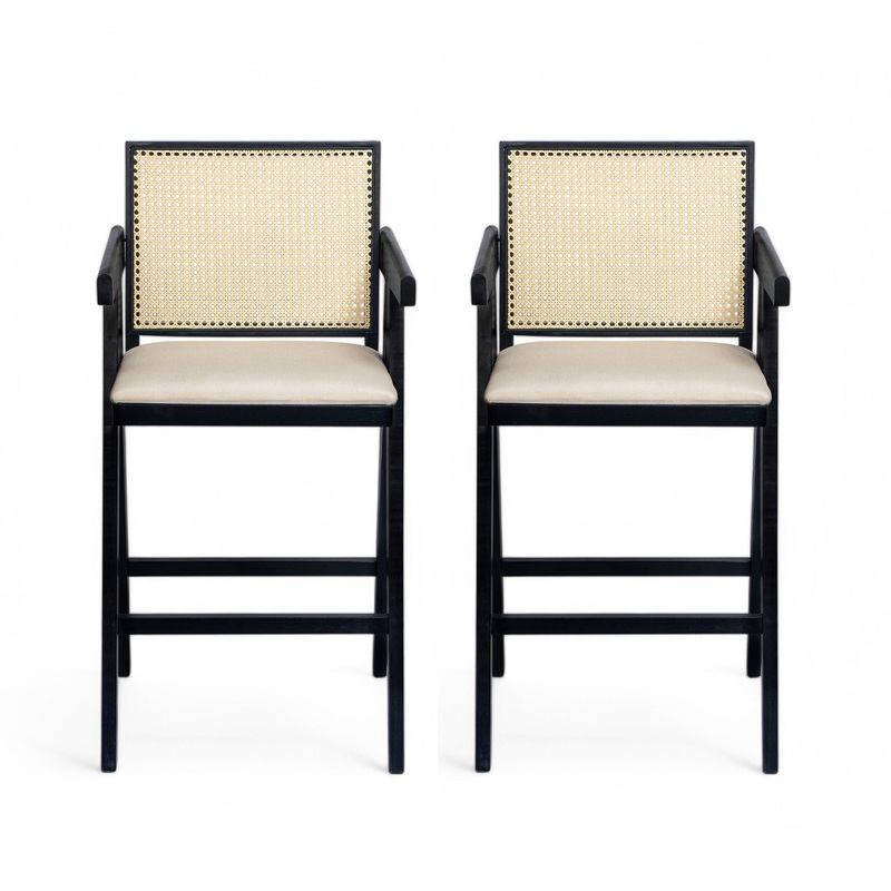 Woven Cane Plastic Backrest Bar Stool Foam Padded Fabric Seat & Durable Rubberwood Frame – Cream Gray