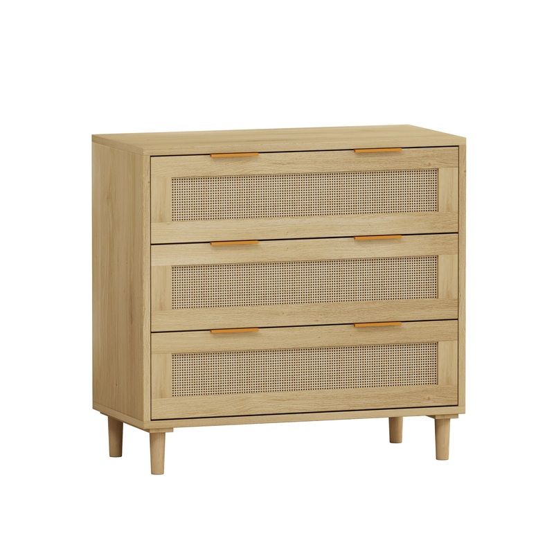 3 Drawers Rattan Storage Cabinet Rattan Drawer, For Bedroom, Living Room, Dining Room, Hallways (Set of 2) – Oak