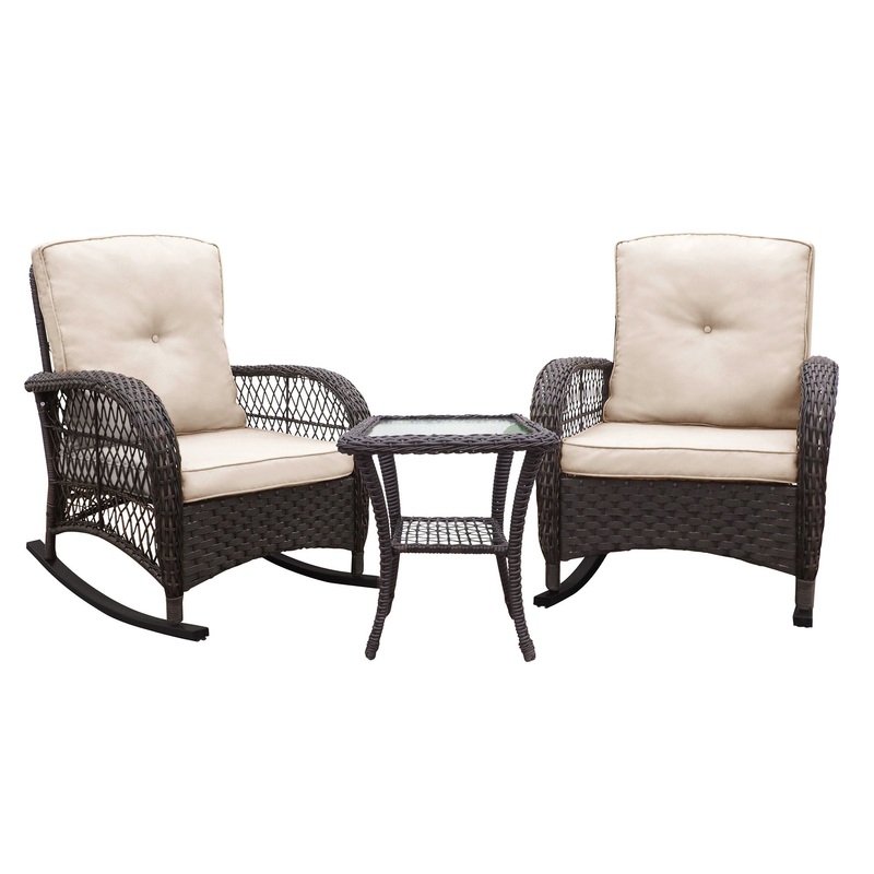 3 Pieces Conversation Set, Outdoor Wicker Rocker Patio Bistro Set, Rocking Chair With Glass Top Side Table – Brown / Beige