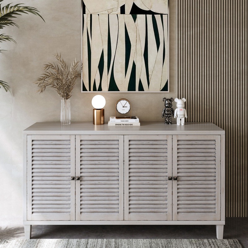 Accent Cabinet 4 Shutter Door Wooden Cabinet Sideboard Buffet Server Cabinet Storage Cabinet, For Living Room, Entryway, Hallway, Office, Kitchen And Dining Room – Distressed White