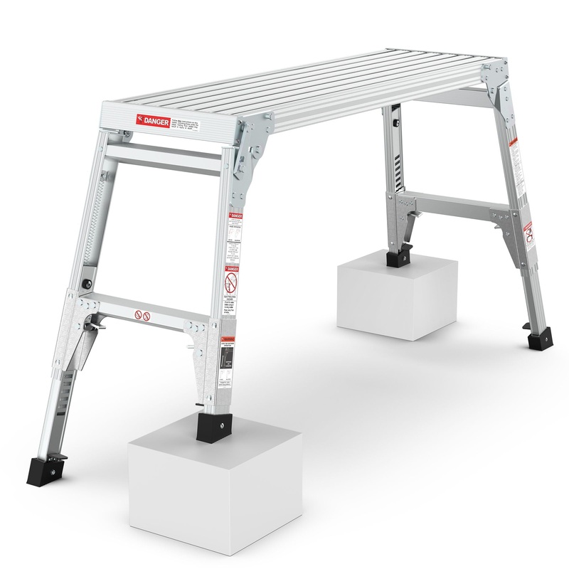 Aluminum Work Platform Large Size Step Stool Folding Portable Work Bench 40 Width Telescopic Feet Height Adjustable – Gray