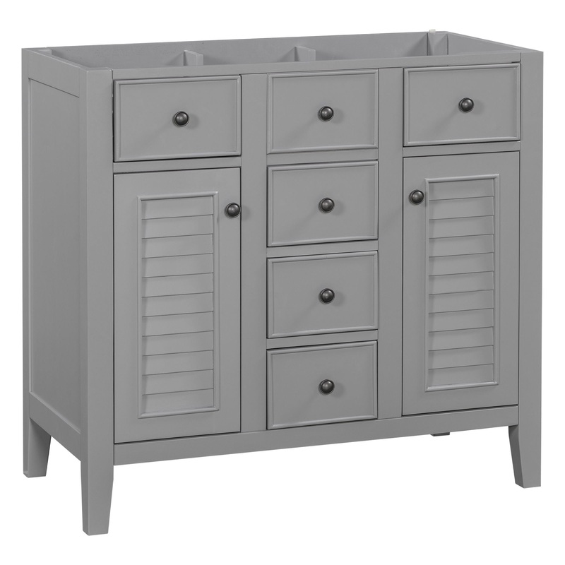 Bathroom Vanity Without Sink, Cabinet Base Only, Two Cabinets And Five Drawers, Solid Wood Frame – Gray
