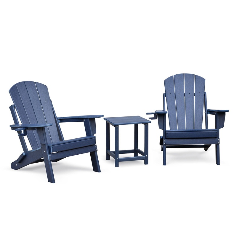 Folding Outdoor Adirondack Chair (Set of 2) And Table Set, Hdpe All-Weather Folding Fire Pit Chair, Ergonomic Design Patio Lawn Chair For Outside Deck Garden Backyardf Balcony – Navy Blue